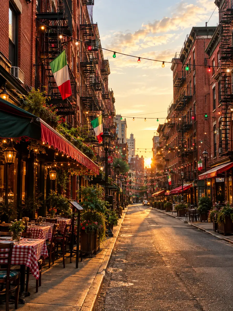 Mulberry Street in Little Italy at golden hour with red brick tenements and Italian flags
