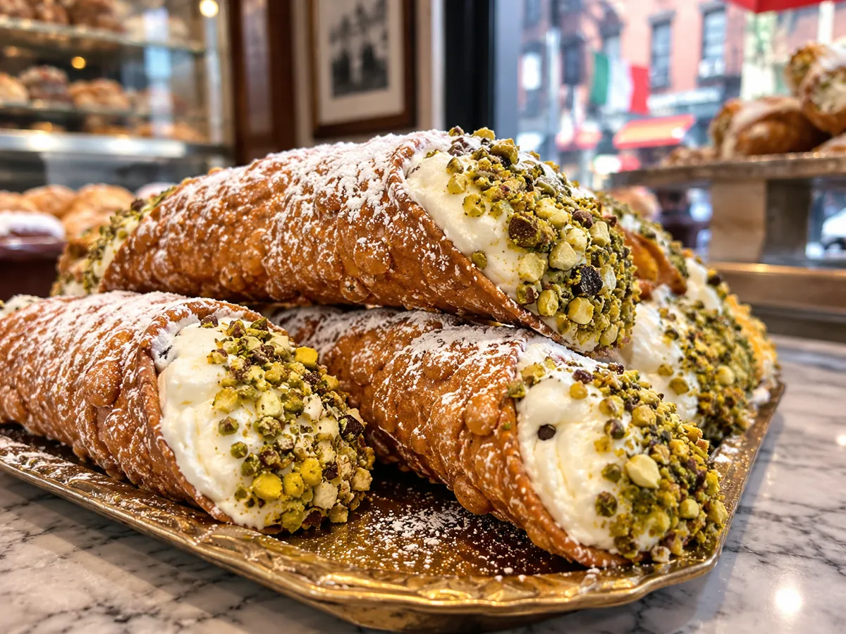 Large Sicilian cannoli with pistachio ends on a marble pastry counter