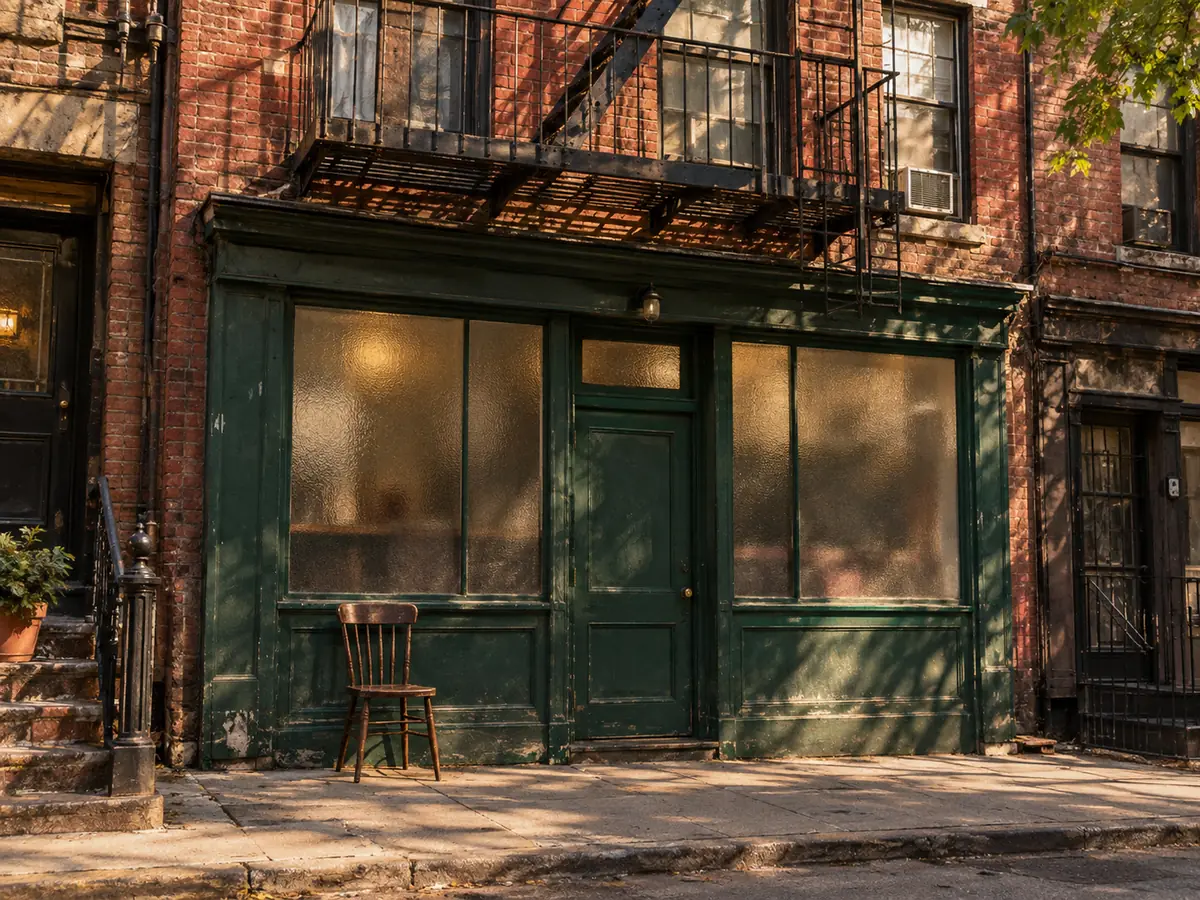 A brick tenement storefront with a green door and frosted windows in Little Italy