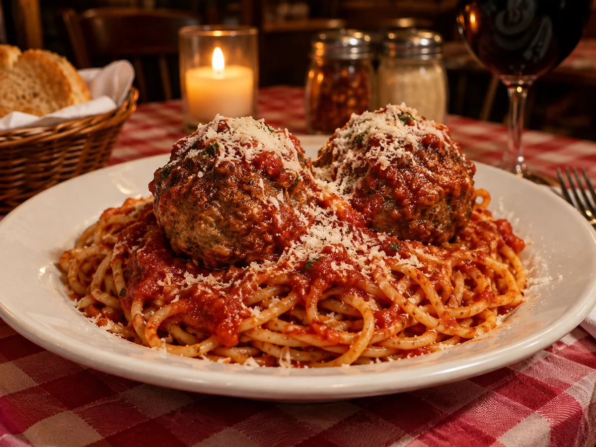 A plate of spaghetti with two large meatballs on a red checkered tablecloth